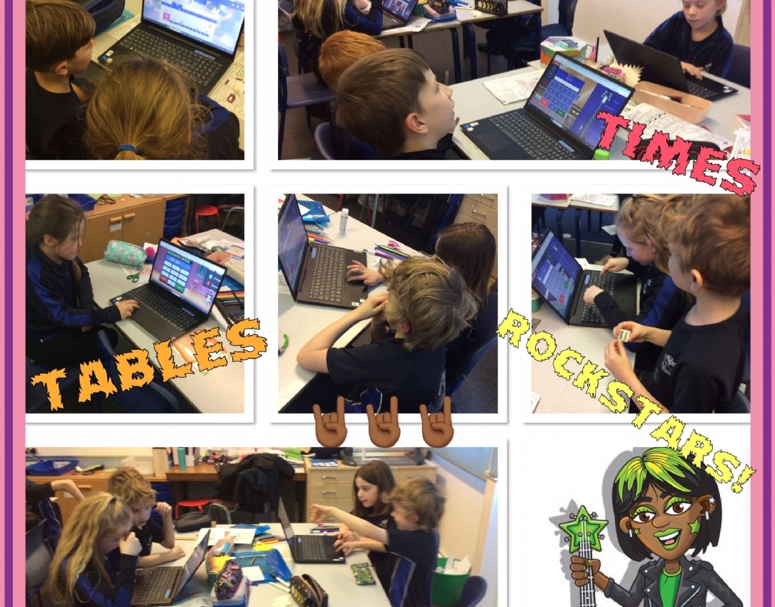 Y3 pupils using laptop devices in the classroom to access Times Tables Rockstars.